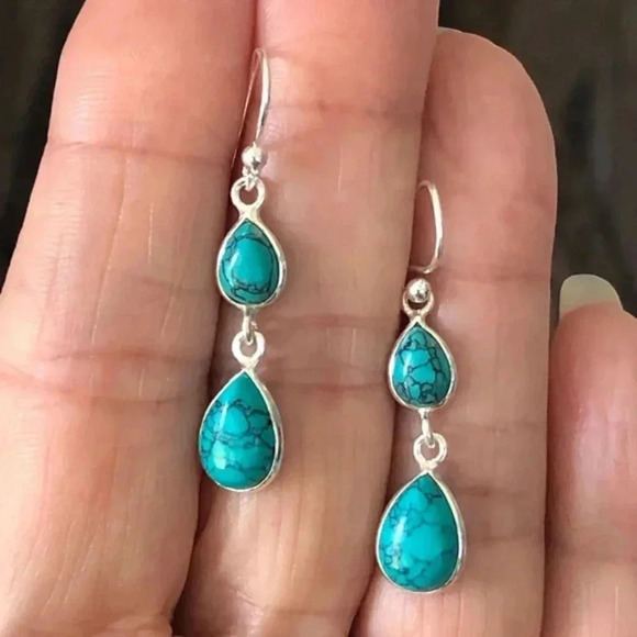 Gorgeous Turquoise Howlite 925 Sterling Silver Drop Earrings NWT - Picture 1 of 4